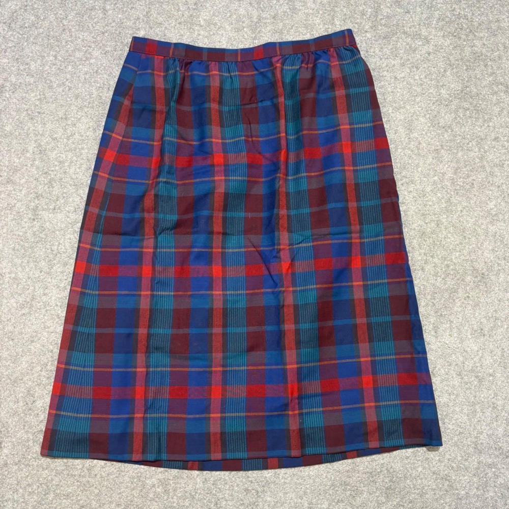 Vintage Pendleton Wool Plaid Midi Skirt Blue Red A-Line Made in USA Pocket